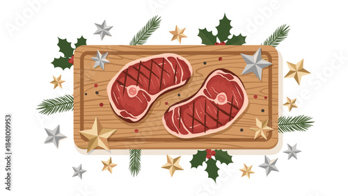 Festive arrangement of two grilled steaks on a wooden board surrounded by holiday greenery and star decorations.
