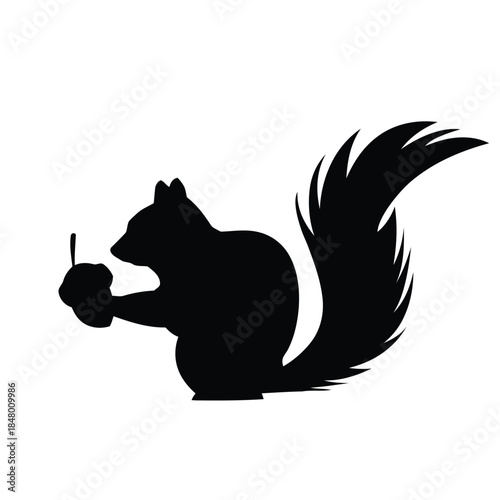 Silhouette of a Squirrel holding an Acorn, a common woodland creature depicted in a simple, iconic black and white vector graphic, perfect for nature and wildlife themes