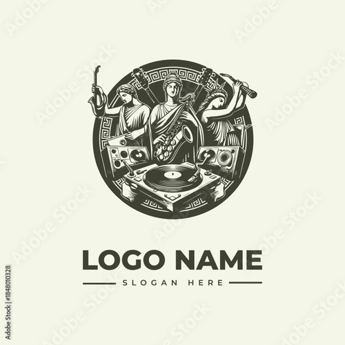 A vector logo illustration featuring a mythological scene with a central figure surrounded by decorative elements on a circular background with space for a logo name and slogan.