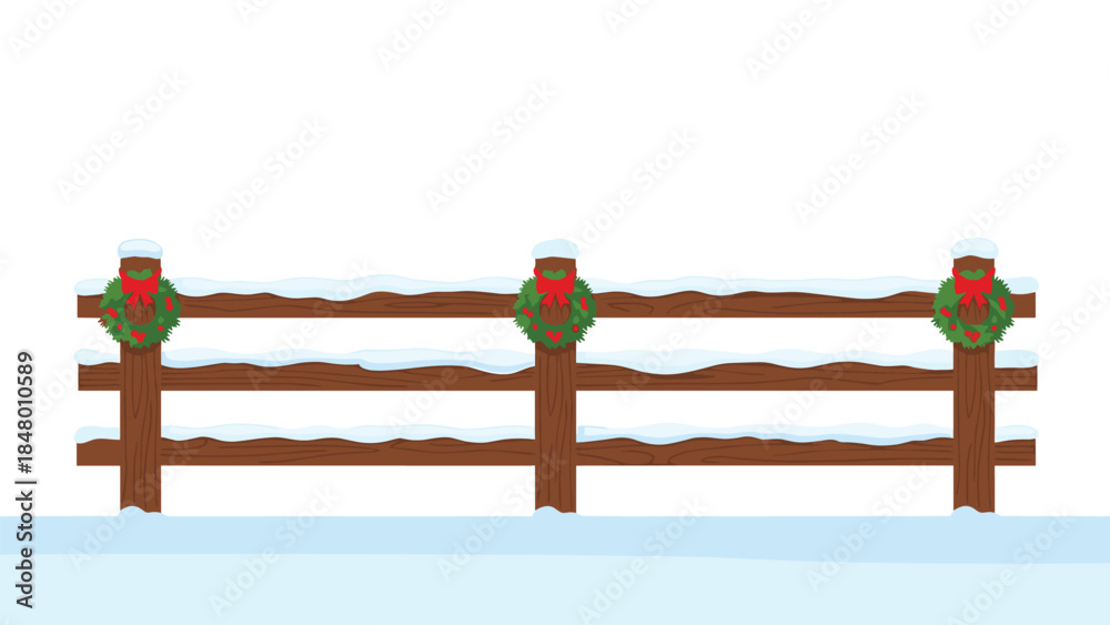 Naklejka premium Festive winter scene featuring a wooden fence adorned with wreaths and a light dusting of snow creating a cozy holiday atmosphere.