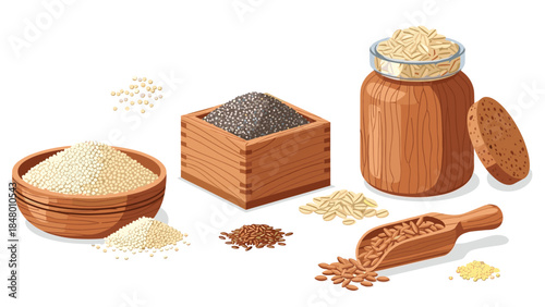Assorted grains and seeds are beautifully displayed in wooden containers and a scoop, showcasing healthy eating options.