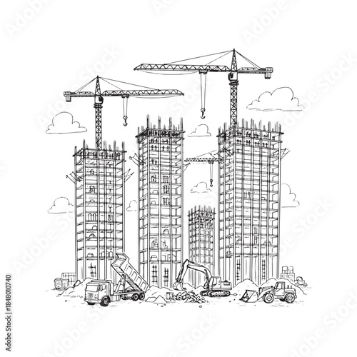 Hand drawn sketch of a city construction site with tower cranes, unfinished buildings, and heavy machinery. Vector illustration of urban development with excavators and trucks in black and white doodl