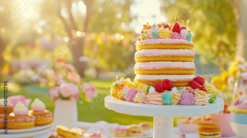 Sweet Celebration in Garden: A multi-layered cake is the centerpiece of an outdoor festivity. Embellished with colorful frosting and fresh fruit.