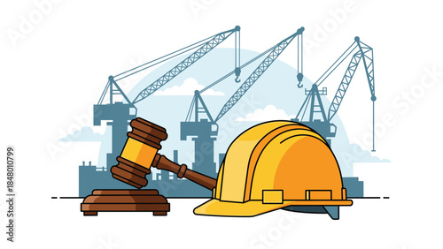 Construction law and legal proceedings are represented by a gavel and hard hat against a backdrop of industrial cranes.