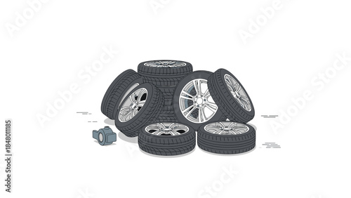 A collection of car tires and a brake caliper are stacked together, suggesting automotive repair or replacement services.