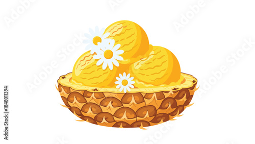 Delicious golden pineapple ice cream scoops are served inside a halved pineapple, decorated with delicate white daisies, creating a summery treat.
