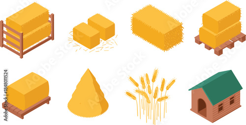 Isometric farm agriculture icons set featuring hay bales wheat barn storage pallets, rural farming production, harvest season, livestock feed illustration