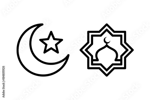 Islamic Crescent Star Icon with Eight Pointed Star and Mosque Silhouette