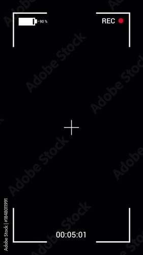Vertical video of camera screen recording. screen interface of video recorder digital display with timer. Camera recording screen vertical mobile overlay template. alpha channel, 4K Video.