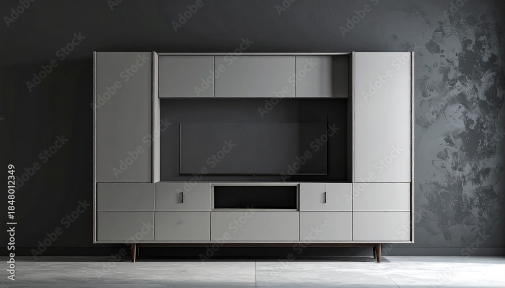 Fototapeta premium Modern grey wall-mounted entertainment unit with television and cabinets image photo