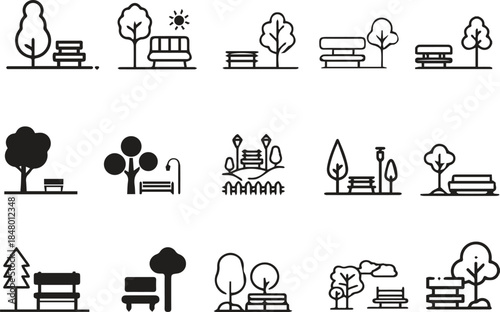 A versatile collection of minimalist park and outdoor landscape icons with trees and benches