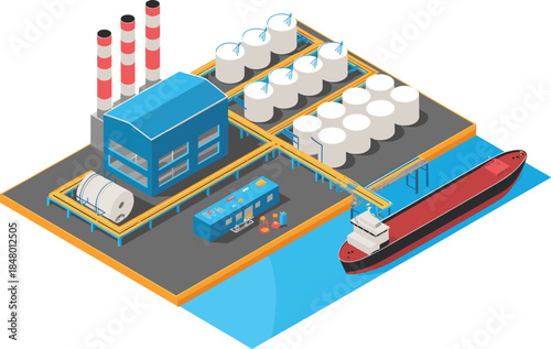 Isometric industrial oil refinery port illustration showing storage tanks factory buildings ship loading, petroleum processing, energy production, logistics infrastructure concept