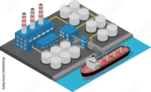 Isometric industrial oil refinery port illustration showing storage tanks factory buildings ship loading, petroleum processing, energy production, logistics infrastructure concept