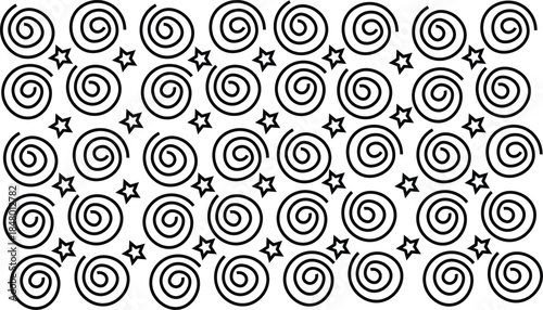 Black and white pattern of spirals and stars
