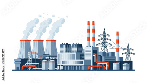 Industrial power plant complex with cooling towers and transmission lines generates electricity for a city or region.