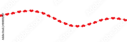 Red Heart  Border. Seamless row of red heart with strings on white background, expressing love, romance, celebration, and Valentine themed decoration.

