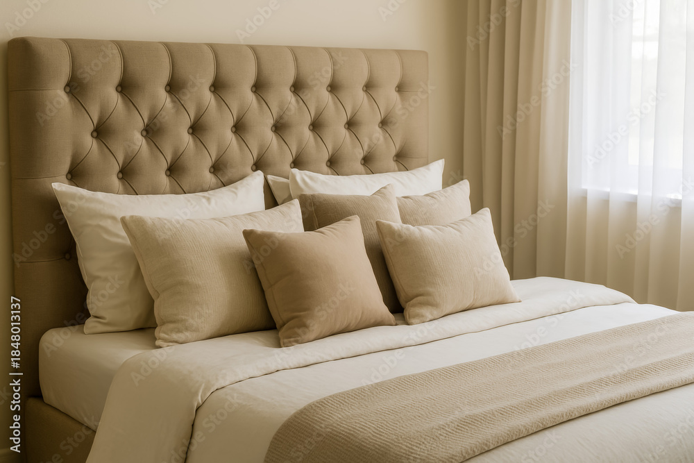 Obraz premium Cozy bedroom setup with elegant tufted headboard and pillows