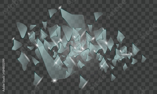 Shattered glass fragments with light flares on transparent background vector
