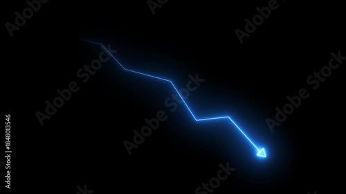 Glowing red neon downward graph with arrow indicating decline, loss, and negative trends on a dark, abstract background, perfect for conveying risk, crisis animation. 4k