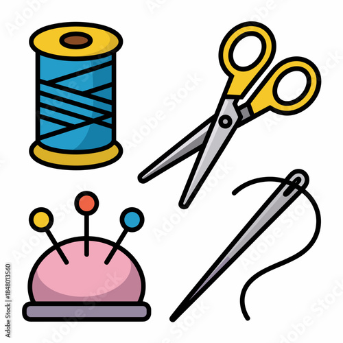 Needle, Thread, Scissors and Pin Cushion for Sewing and Crafts