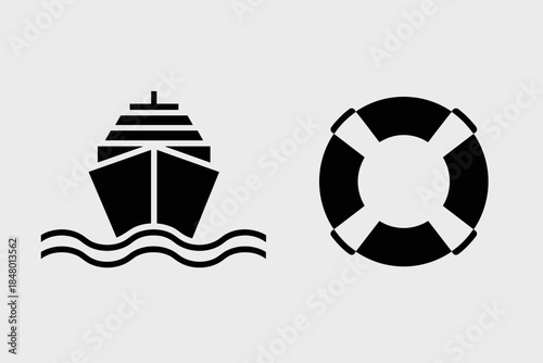Vector Icons of Ship on Water and Lifebuoy for Water Safety