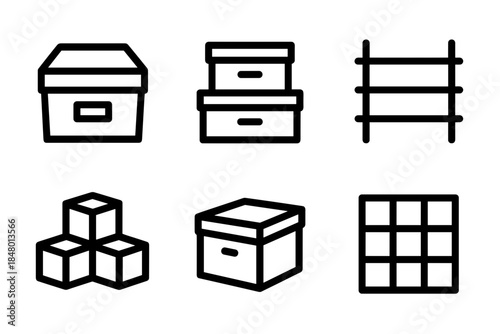 Storage Solutions Icon Set Featuring Boxes, Shelves, and Cubic Organization