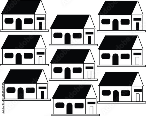 A collection of nine identical white houses with black roofs
