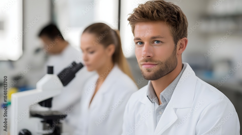 Fototapeta premium A focused male scientist in a lab coat looks directly at the in a bright modern laboratory setting
