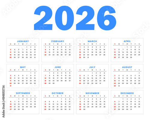 2026 calendar full page template with a simple grid layout on a white background.
