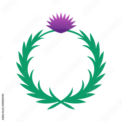 Thistle flower in a green wreath on white background