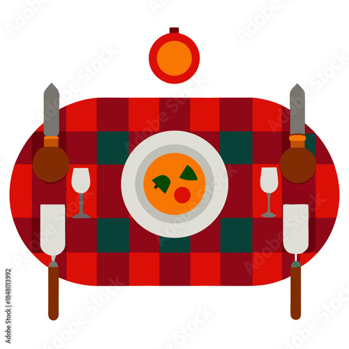 Overhead view of a festive table setting with dinner and wine