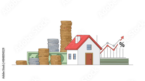 Investing in real estate shows financial growth with stacks of money and a rising graph representing property value increase.