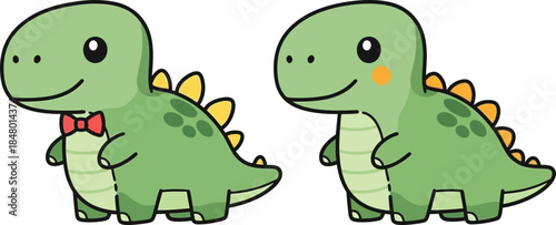 Two adorable cartoon dinosaurs wearing bow ties on transparent background