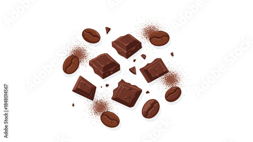 Delicious dark chocolate pieces and roasted coffee beans are scattered artfully, creating a tempting and inviting composition.