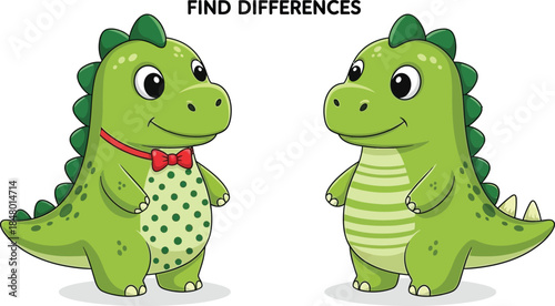 Two adorable cartoon dinosaurs with slight differences on transparent background