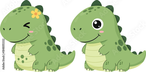 Two adorable green cartoon dinosaurs with cute expressions on transparent background