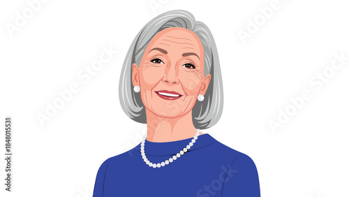 Smiling senior woman with gray hair and pearl necklace poses for a portrait, radiating warmth and confidence.