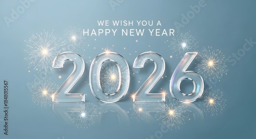 2026 Happy New Year 3D text on blue background