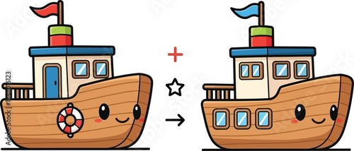 Two cute cartoon tugboats with a plus sign and stars on transparent background