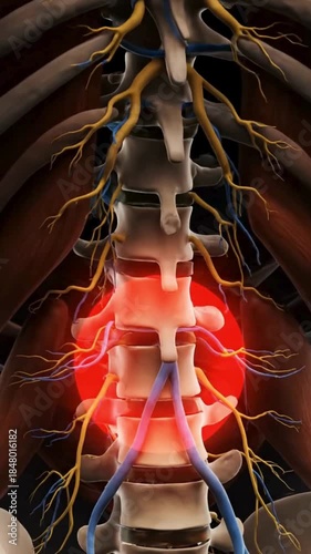 Detailed 3d rendering of human lumbar spine anatomy highlighting lower back pain and radiating nerve compression in a medical context