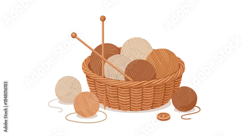 A woven basket overflows with colorful balls of yarn and knitting needles, suggesting a cozy crafting hobby and handmade textiles.