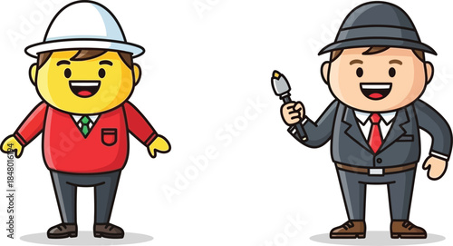 Two cartoon construction workers and a detective colorful characters on transparent background