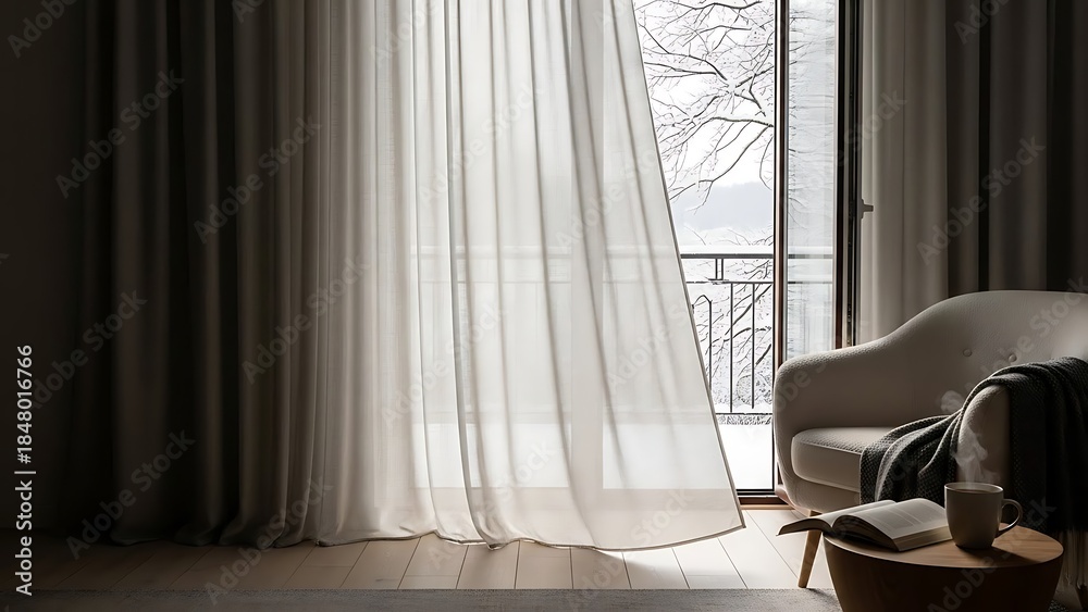 Fototapeta premium Bright and Cozy Interior Scene with Sunlit Curtains and View of Snowy Balcony for Home Decor or Lifestyle Themes