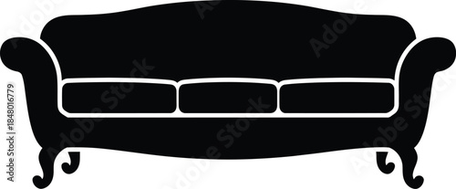 Elegant black silhouette of a classic three-seater sofa with traditional design elements