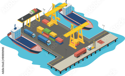 Isometric seaport logistics illustration showing container ships cranes trucks, global cargo transportation, shipping terminal operations, supply chain, international trade concept