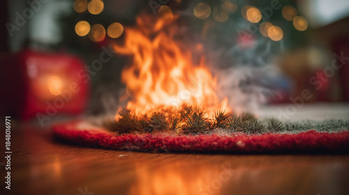 Intense flame consuming evergreen needles on a floor mat indoors