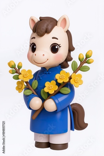 Cute chibi horse wearing blue Vietnamese áo dài, holding branch of mai vàng, gentle smiling face, glossy toy figurine style, isolated on pure white background.
