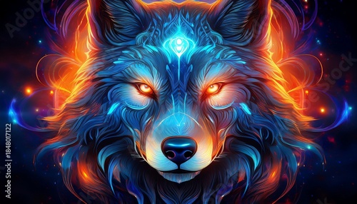 glowing wolf head with intense eyes surrounded by vibrant blue and orange energy currents abstract background design