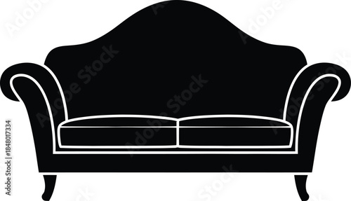 Elegant black silhouette of a classic two-seater sofa with decorative curves
