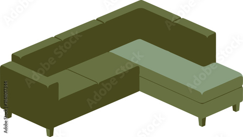 Minimalist isometric illustration of a two-tone green l-shaped sectional sofa with a chaise